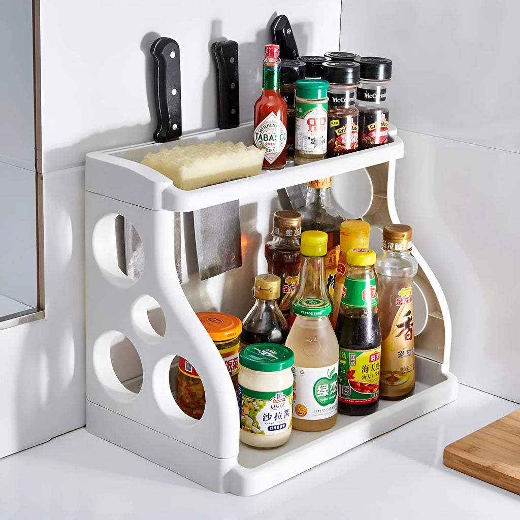 Foldable PP plastic kitchen storage rack in light grey colour with multilayer shelves