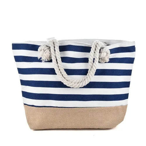 Striped canvas shoulder bag 50x12x35cm with double straps and internal zip pocket in blue brown grey navy red