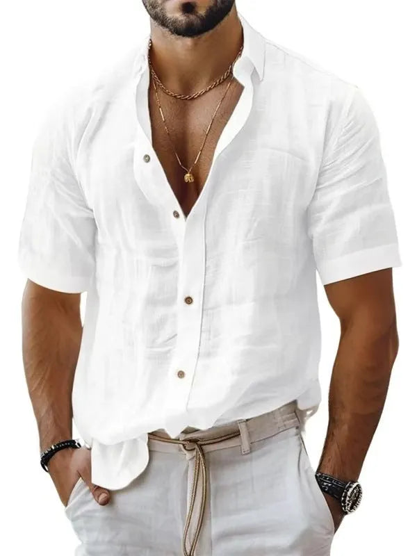 Men's short sleeve lapel shirt in polyester blend fabric showing cardigan style and lapel collar