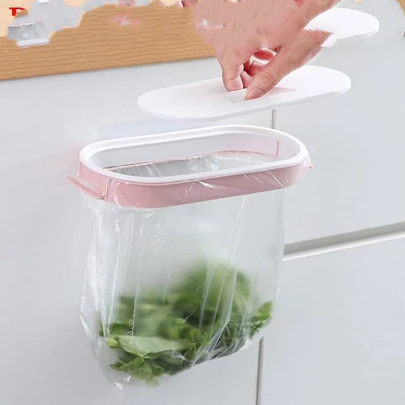Blue plastic kitchen garbage bag storage rack on a cabinet holding rubbish bags