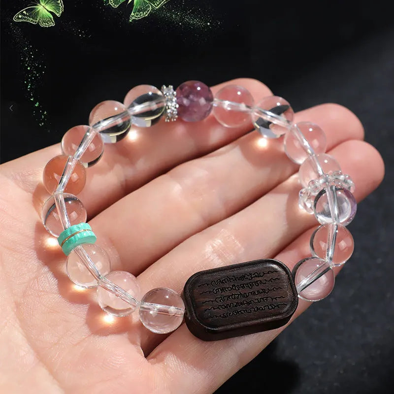 Handmade natural white crystal ebony bracelet with five warp ethnic design for unisex wear