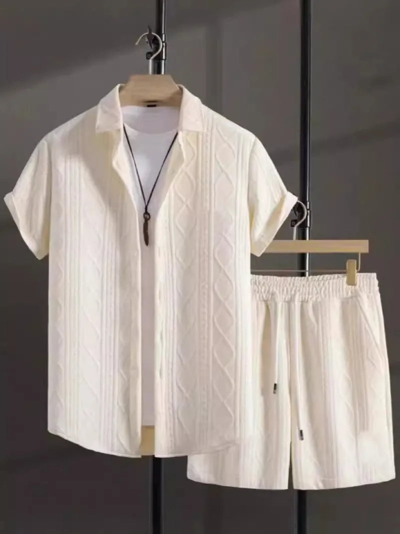 Mens jacquard short sleeve suit shirt and shorts set in solid colour with Asian sizing
