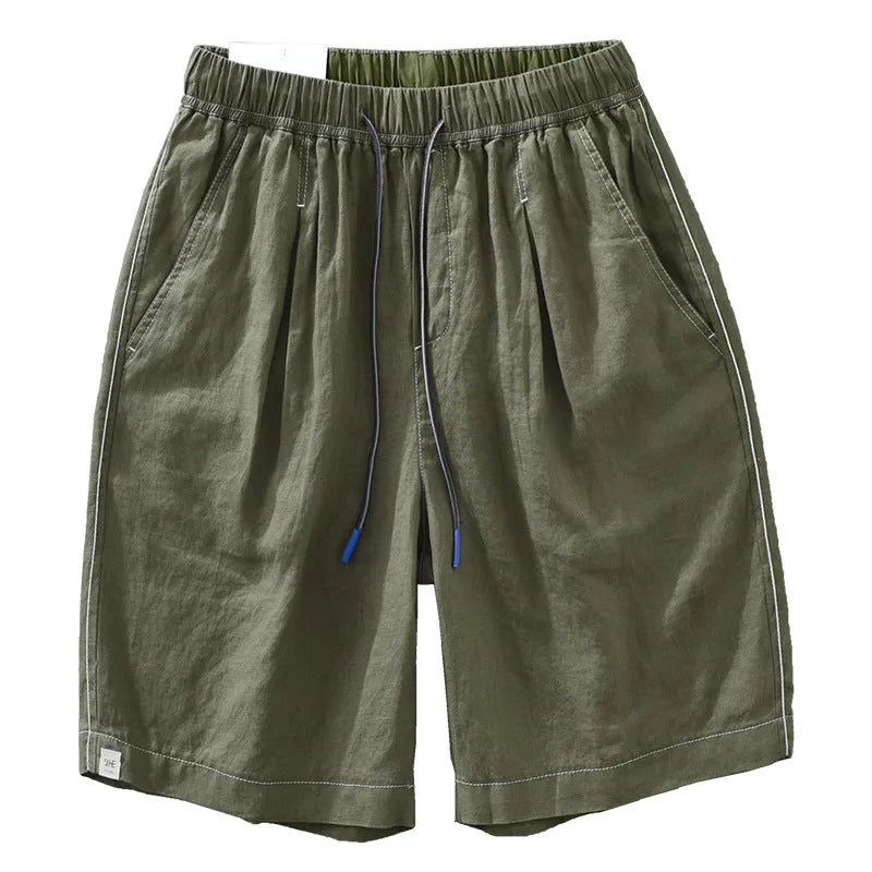 Men's loose straight linen shorts in green or black with drooping casual style