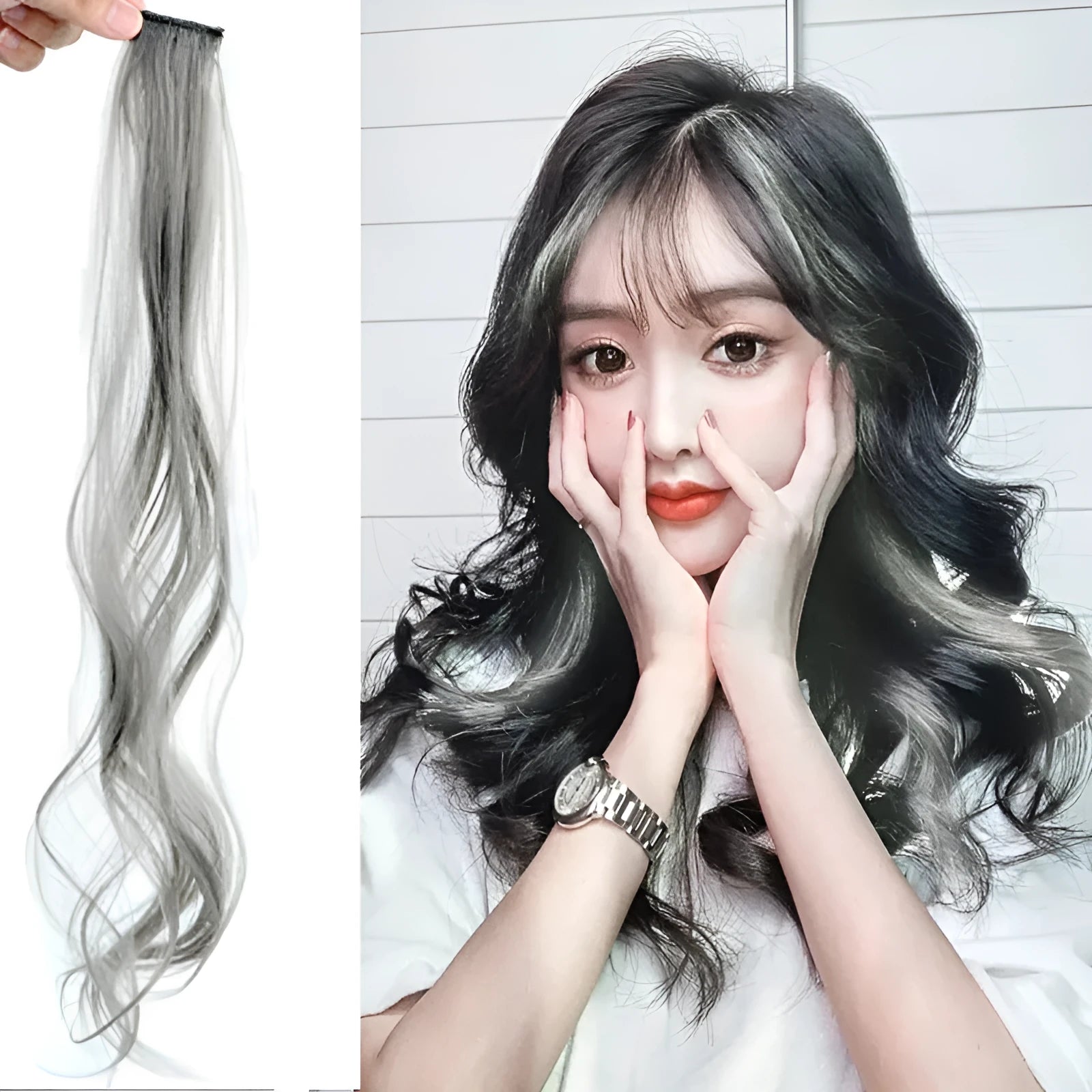 Gradient long curly hair wig patch in mixed silk material showing 60cm length and vibrant colour options