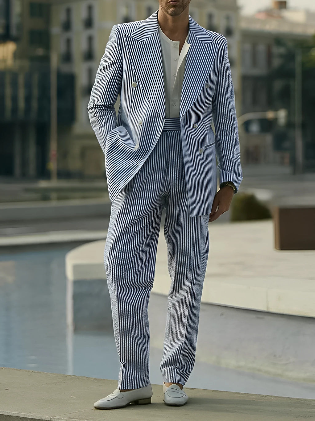 Blue and white striped men's polyester suit set with blazer and trousers on a model.