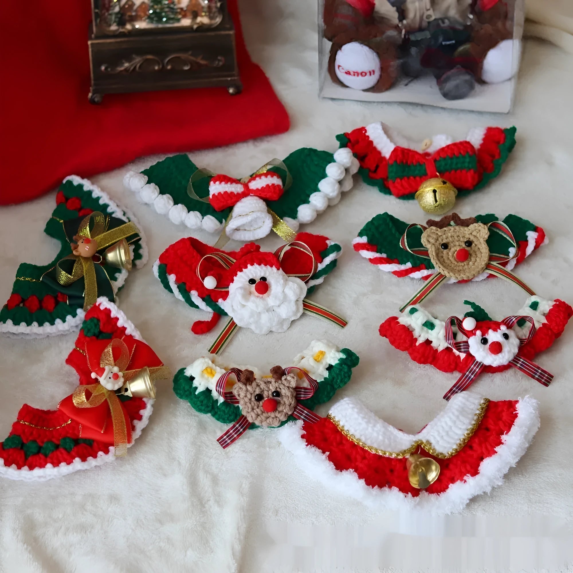 Knitted wool Christmas pet scarf clipped to dog collar in striped Santa pattern