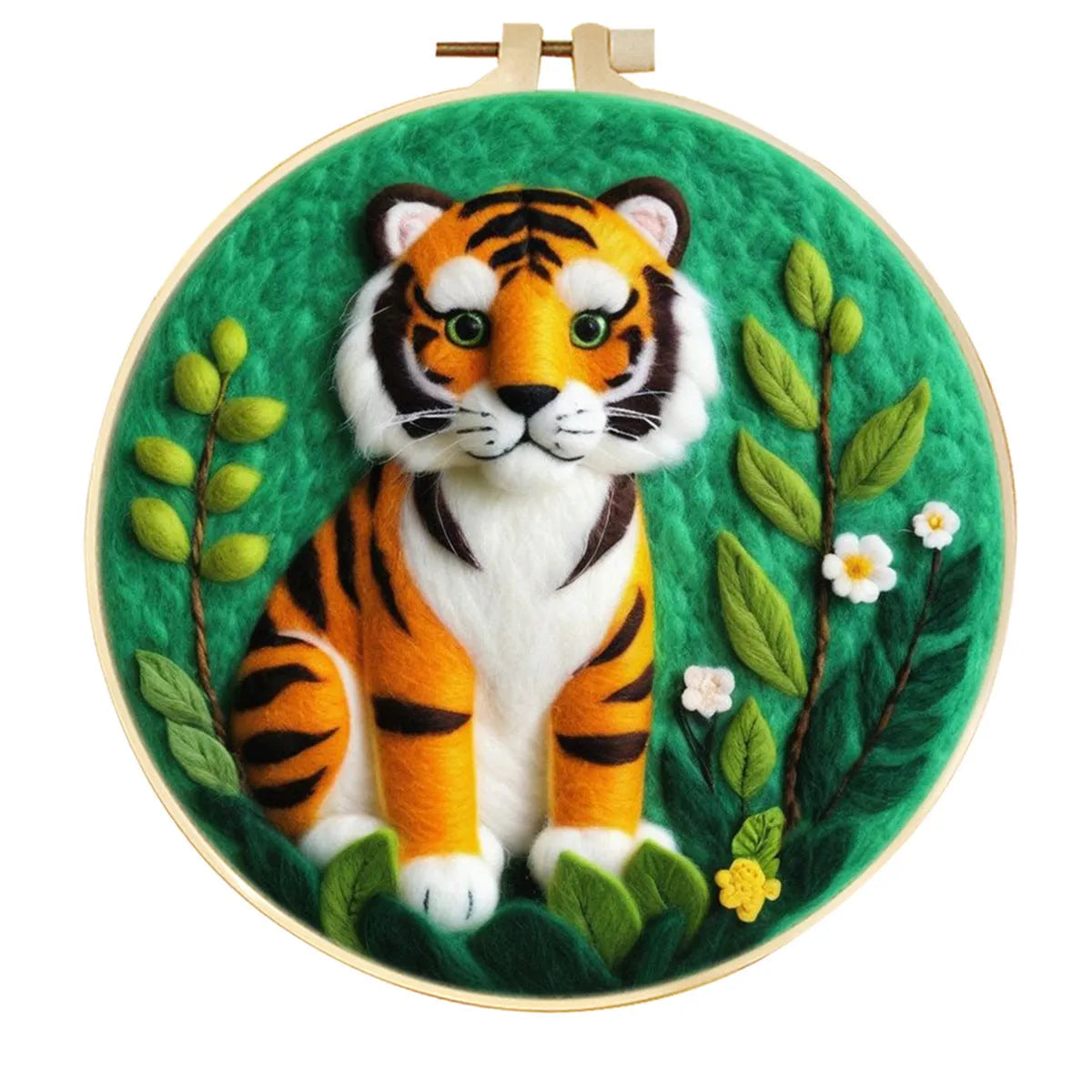 Round linen embroidery frame with wool felt floral decoration kit for three-dimensional wall art