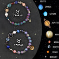 Two natural stone beaded stretch bracelets with polished beads on a wooden surface, showcasing zodiac sign designs.