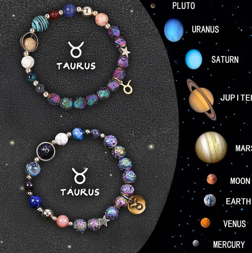 Two natural stone beaded stretch bracelets with polished beads on a wooden surface, showcasing zodiac sign designs.