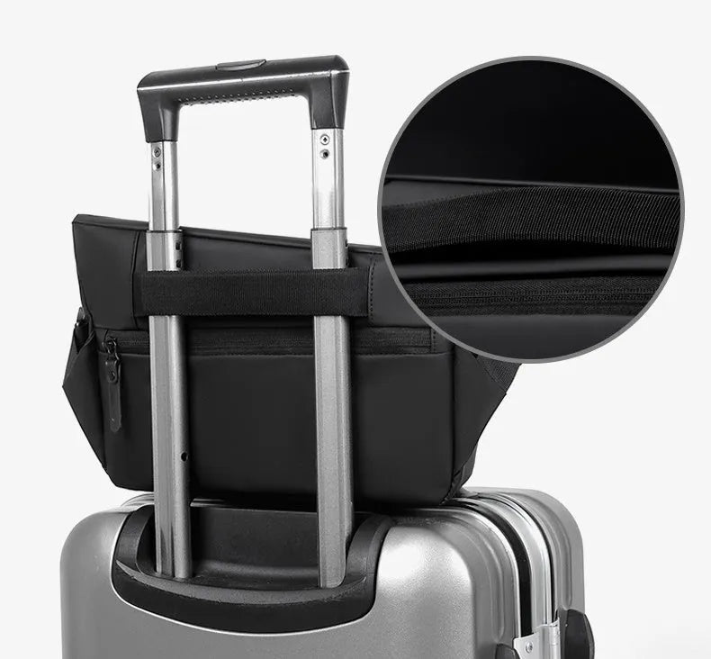 Grey men's PU leather crossbody bag showing front zipper and adjustable strap.