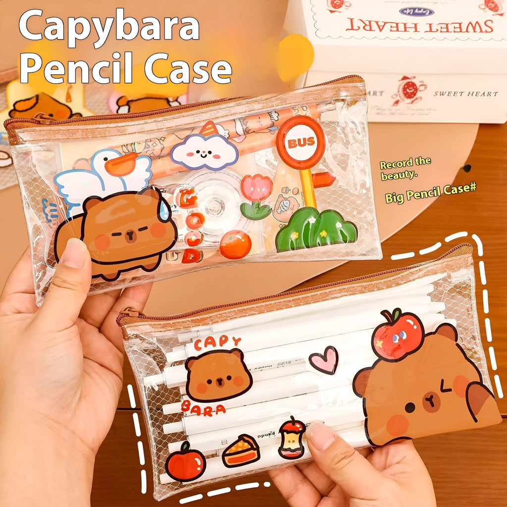 Transparent PVC mesh pencil case with random mixed colour finish, measuring 20x10.3 cm