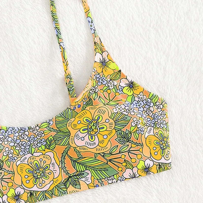 Women's printed sling bikini set in polyester, peacock blue or lemon yellow, sizes S-M-L