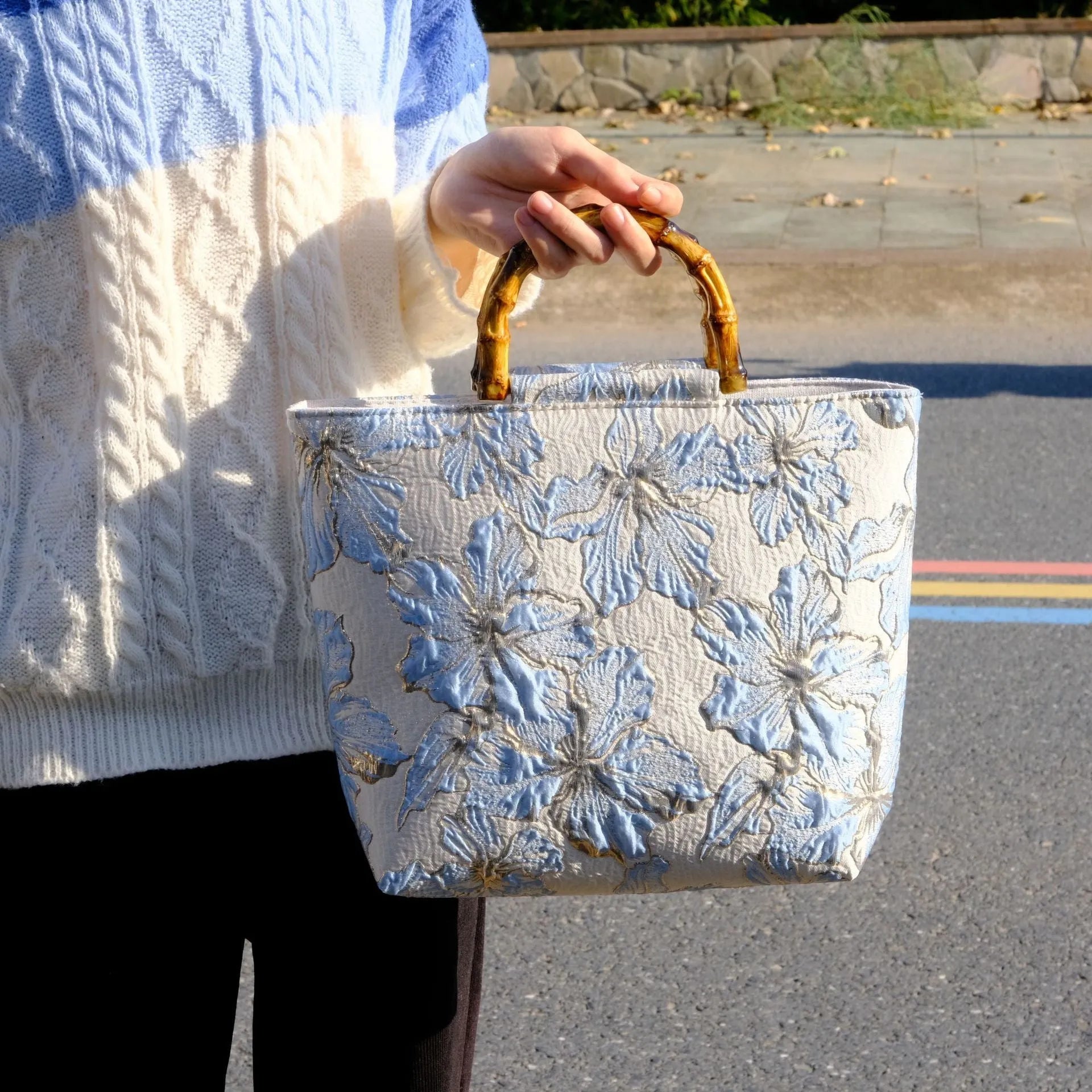 Light blue and gold bronzing flower pattern canvas shoulder bag with double strap