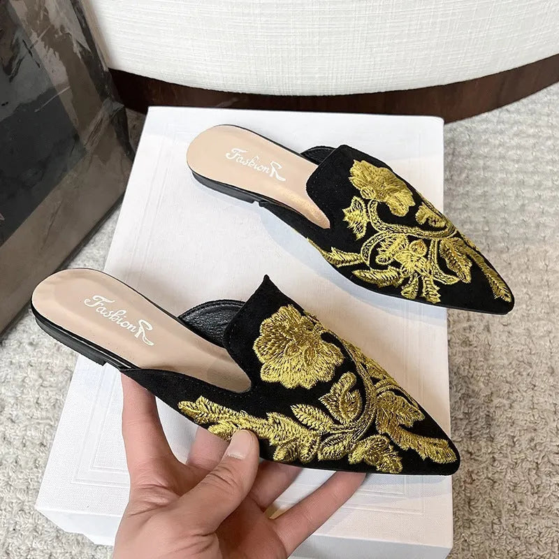 Baotou embroidered slippers for women summer casual round toe PU rubber flat sandals black and blue