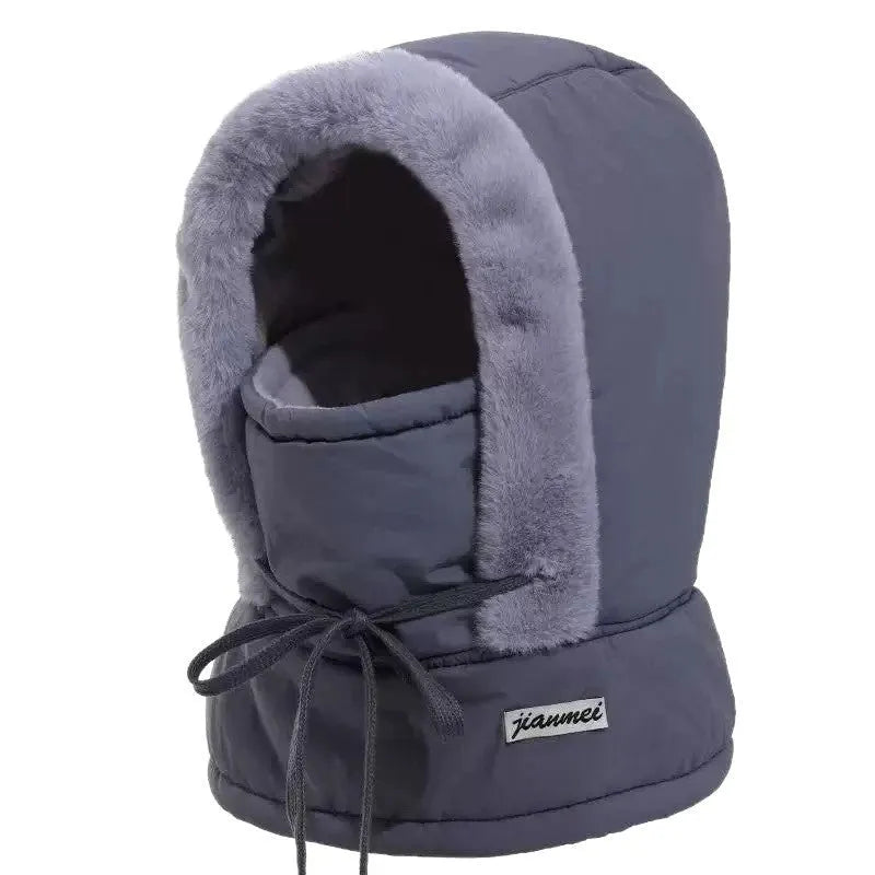 Cold-proof ushanka cap with integrated mask in black artificial leather, dome crown style for winter wind protection