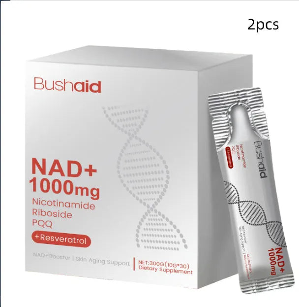 Bottle or sachet of anti-ageing drink powder supplement with nicotinamide riboside and PQQ.