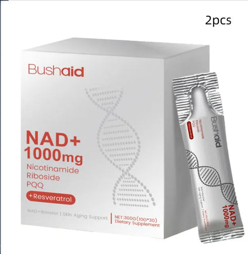 Bottle or sachet of anti-ageing drink powder supplement with nicotinamide riboside and PQQ.