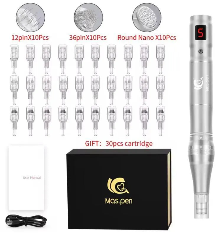 Electric microneedle pen device with spiral nano tips and 30 disposable heads