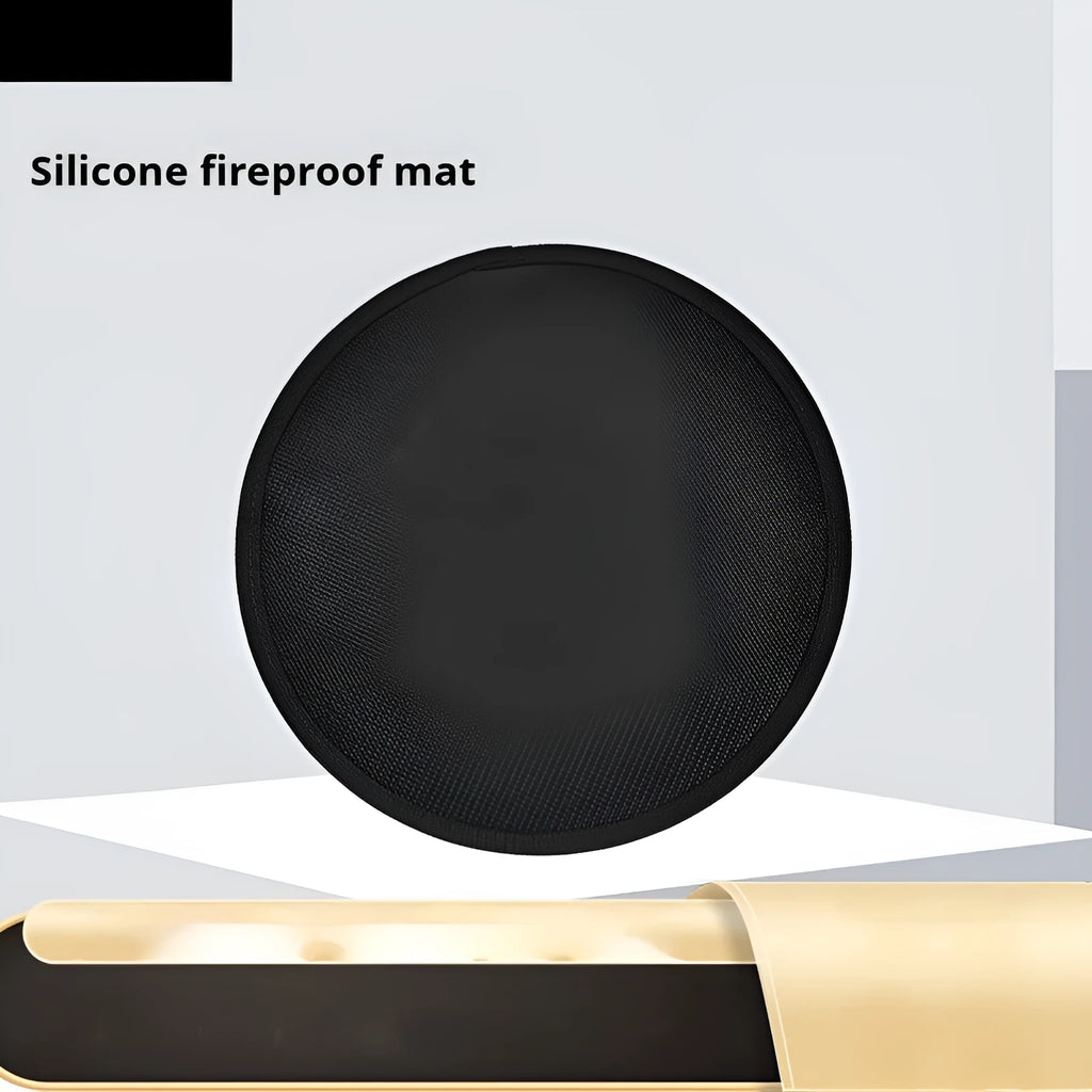 Black round fireproof barbecue mat, oil resistant and high temperature resistant, for camping and grilling, available in four sizes.