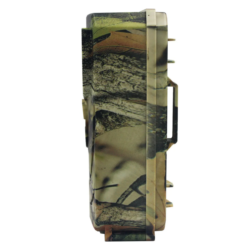 Yellow brown 16MP infrared game trail camera showing lens and housing on a tree branch.