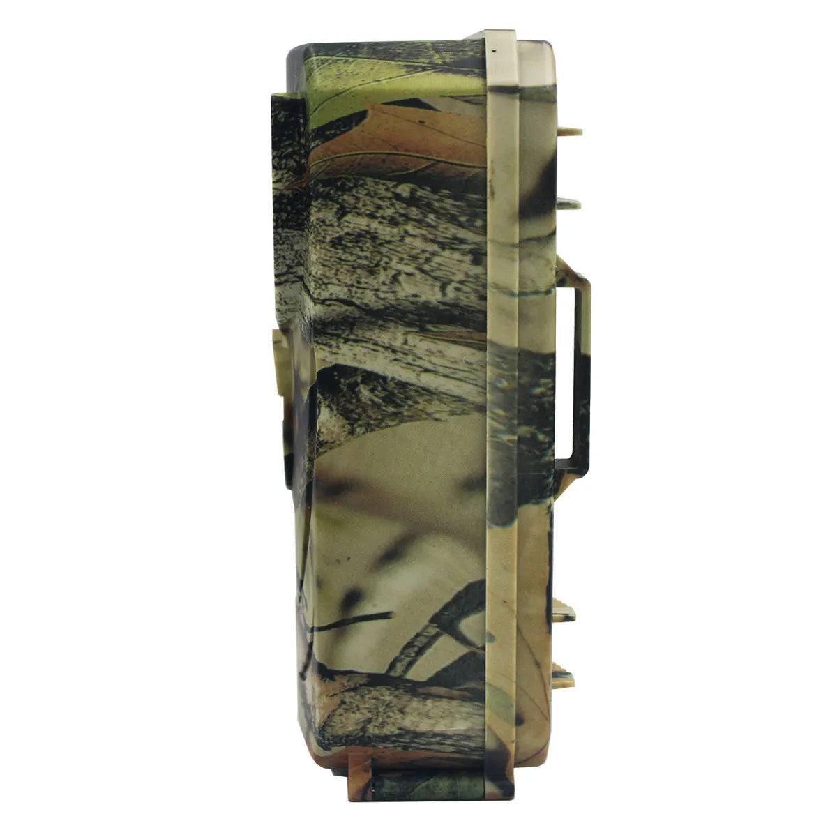 Yellow brown 16MP infrared game trail camera showing lens and housing on a tree branch.