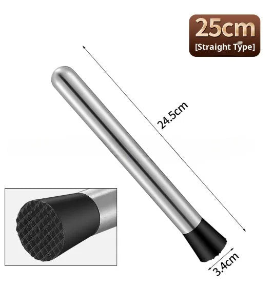 Stainless steel ice crushing hammer with 25cm straight body on a wooden bar surface