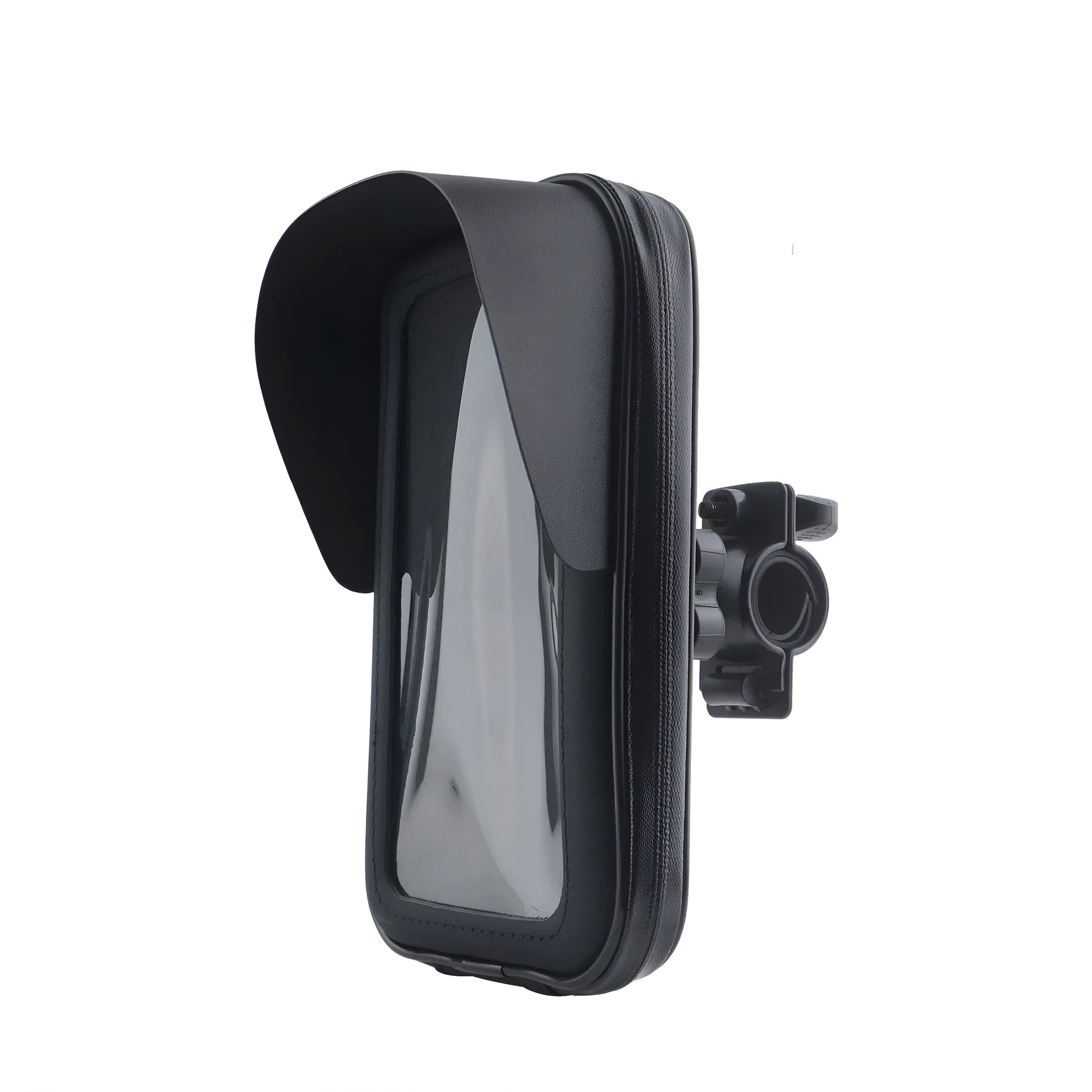 XL waterproof PU leather bicycle phone bag mounted on handlebars, showing sun visor and DFA colour options.