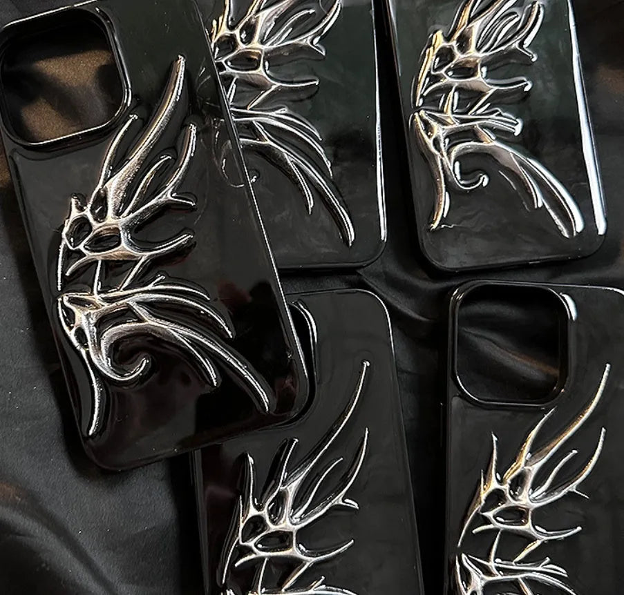 Black iPhone case with three-dimensional blooming wings design for anti-drop protection