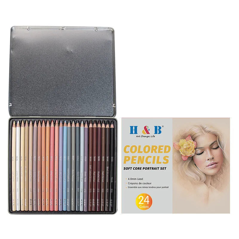 Set of 24 skin colour portrait pencils in an iron box round brush pot.