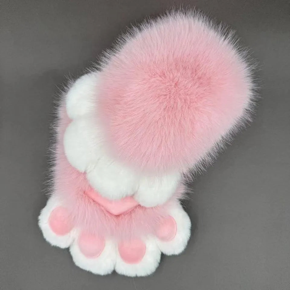 A pair of colourful animal claw cosplay gloves in nylon material on a neutral background.