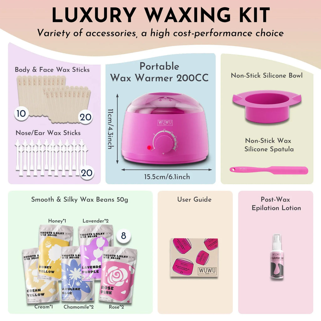Waxing kit with black or pink wax warmer, hard wax beads, applicator sticks and silicone tools