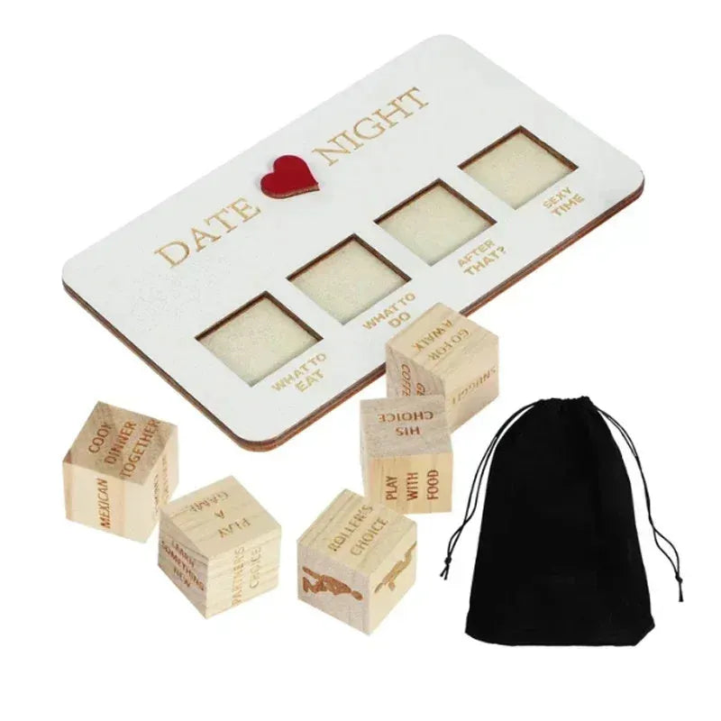 Wooden date night dice set with five decision dice, planner board, and black storage bag for couples