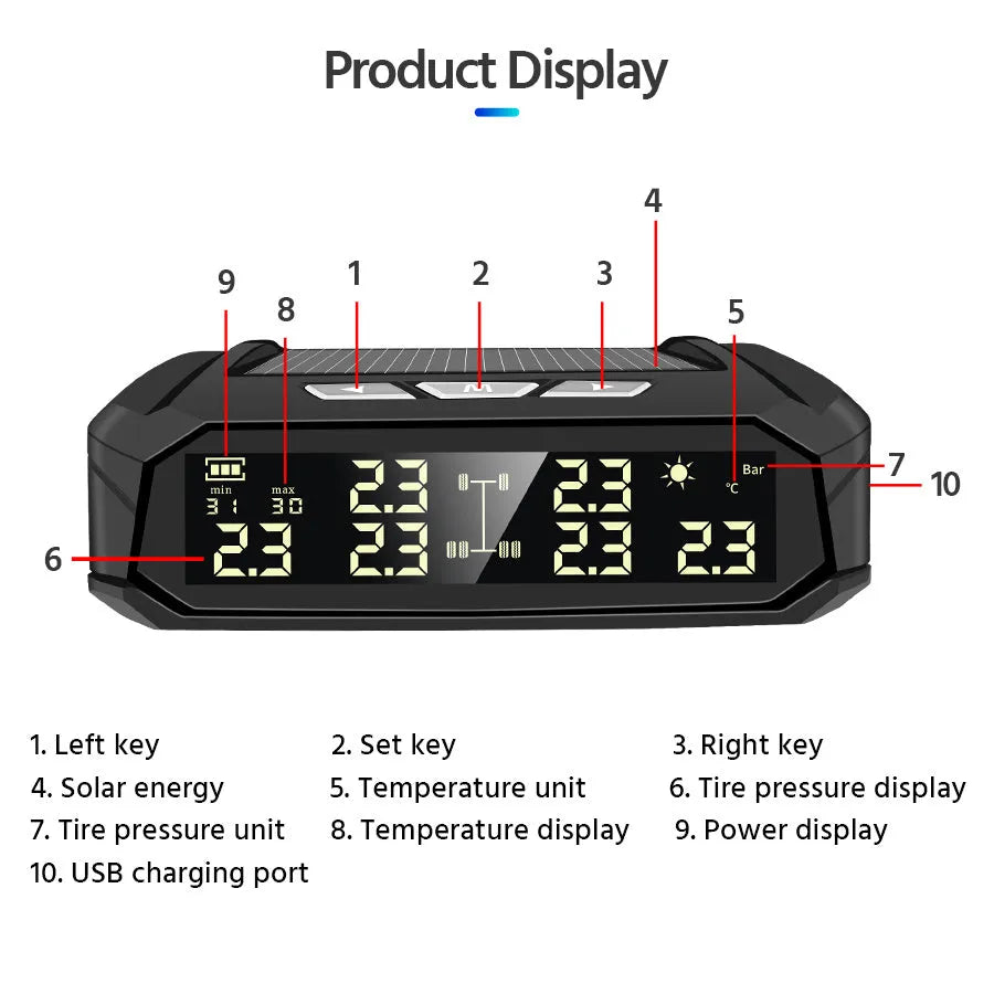 Solar-powered external tyre pressure monitor display unit with colour LCD screen for 6-tire trucks.