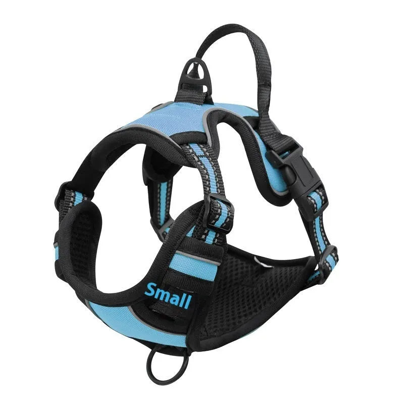 Adjustable dog chest harness in Oxford cloth, shown in multiple colours including red, blue, and black.