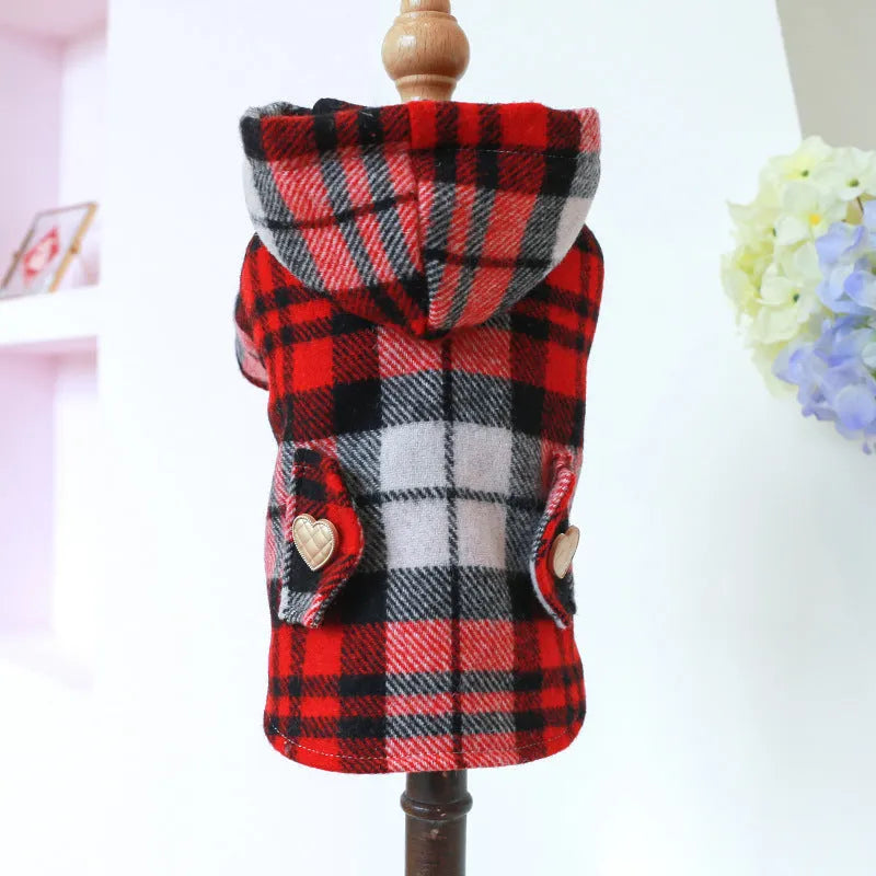 Red plaid polyester dog trench coat with measured sizing for autumn and winter warmth