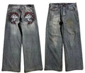 Men's grey washed-out wide-leg denim jeans with a straight leg and mid-waist design