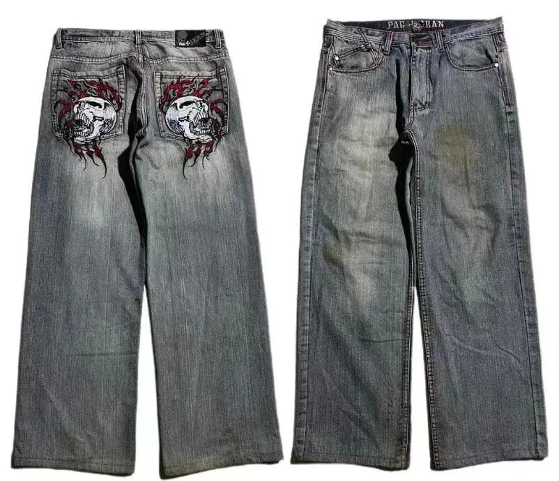 Men's grey washed-out wide-leg denim jeans with a straight leg and mid-waist design