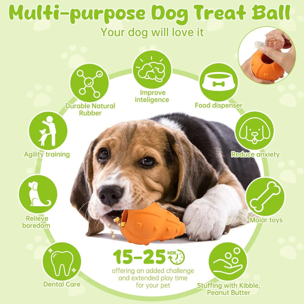 Natural rubber stuffable dog toy for small dogs, shown with a longer strap for fetching and tugging.