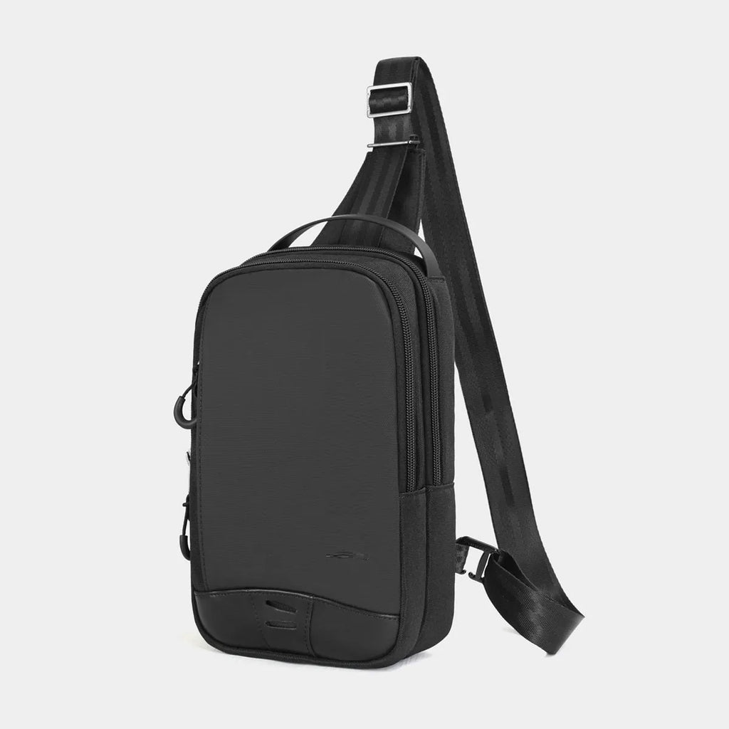 Casual black waterproof TPU chest bag with landscape camouflage pattern and adjustable shoulder strap