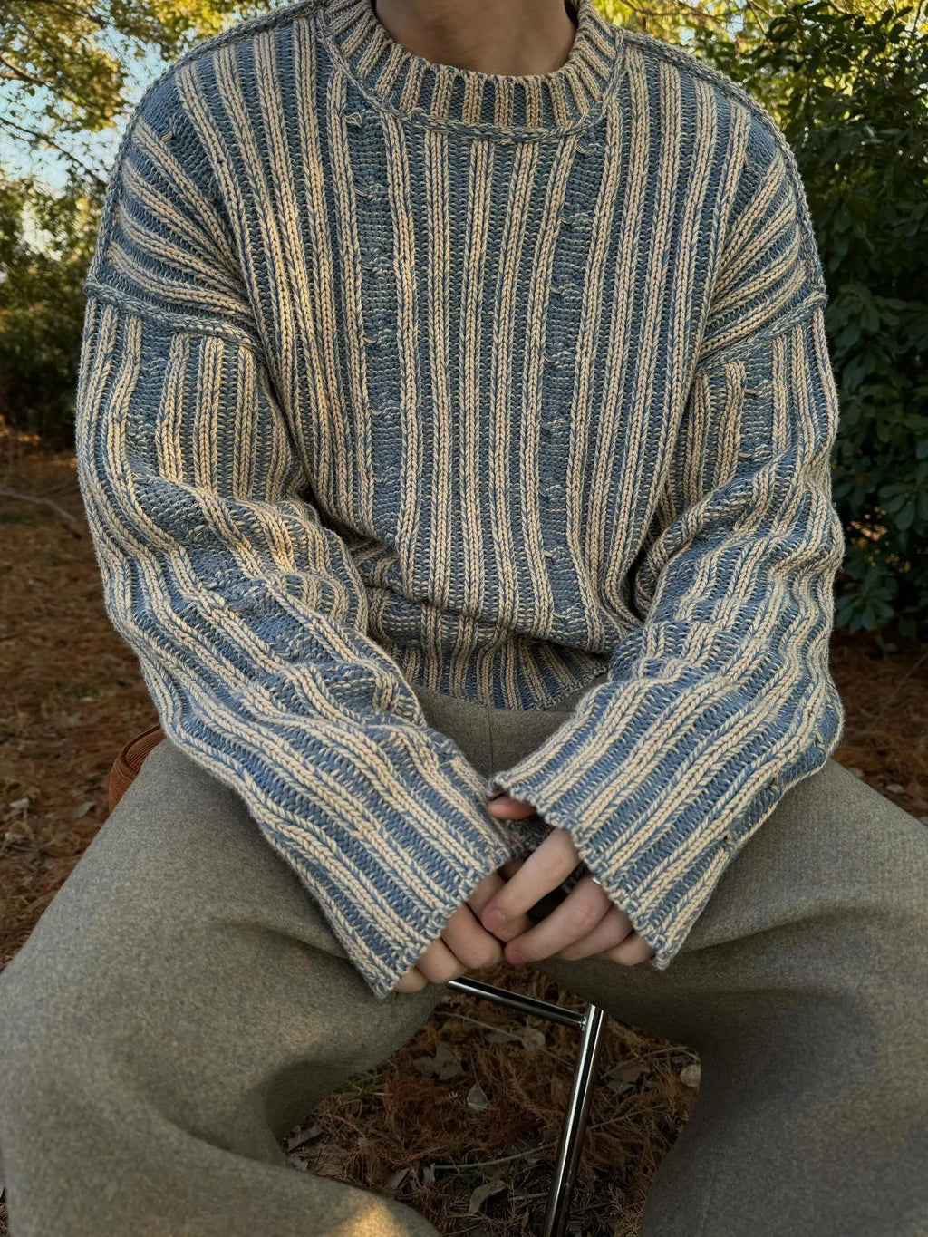 Blue men's cotton round neck casual sweater with contrast stripes in loose fit