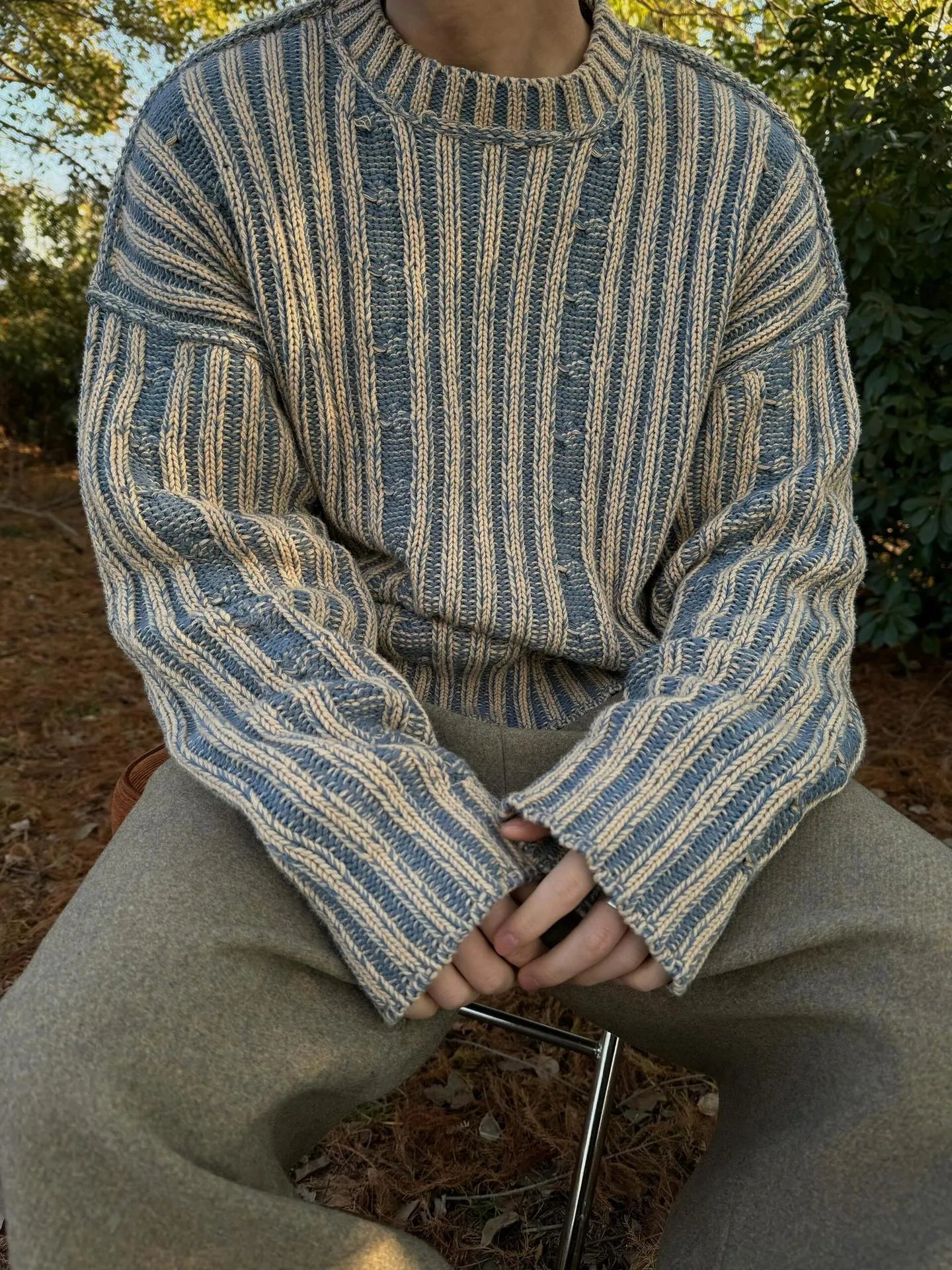 Blue men's cotton round neck casual sweater with contrast stripes in loose fit