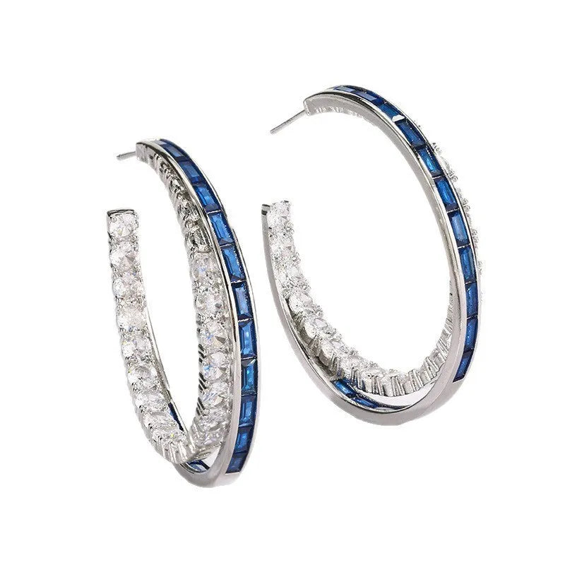 Silver needle stud earrings with zirconia, copper geometric ring design, red corundum or blue spinel