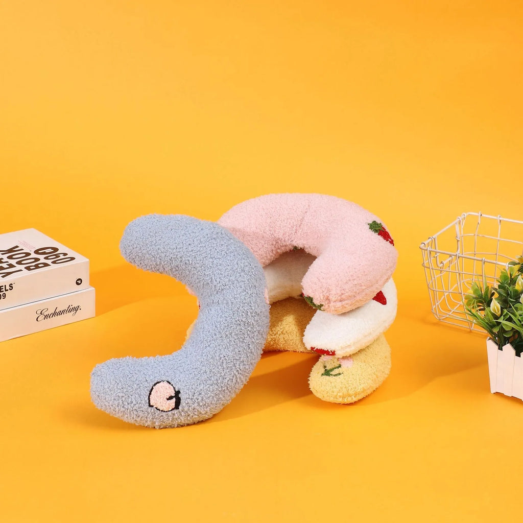 Blue U-shaped half moon pet pillow with cartoon design for dogs and cats