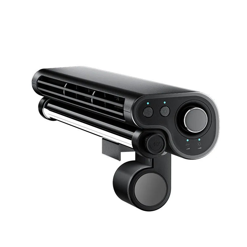 Black USB bladeless desk fan with a clamp, attached to a laptop screen, showing its integrated lighting lamp.