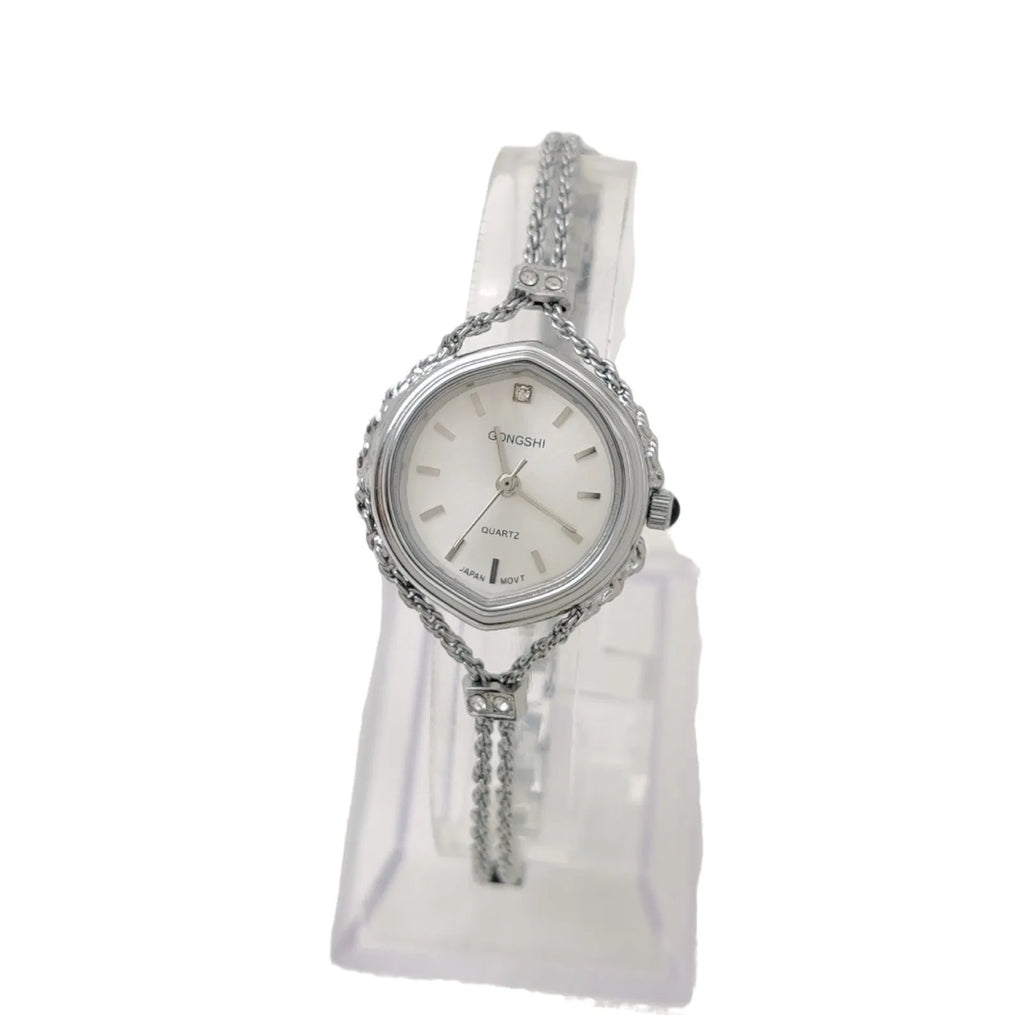 Women's gold or silver Mori style quartz watch with 25mm dial and chain strap