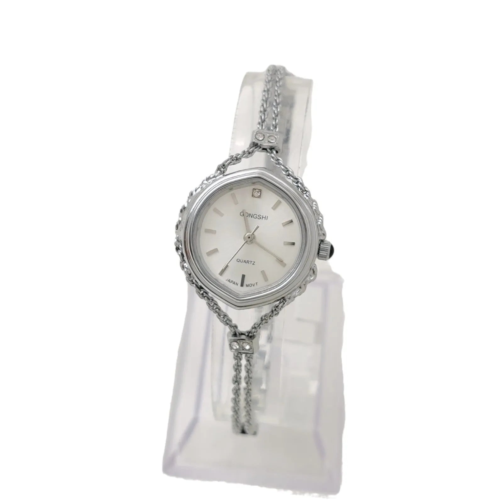 Women's gold or silver Mori style quartz watch with 25mm dial and chain strap