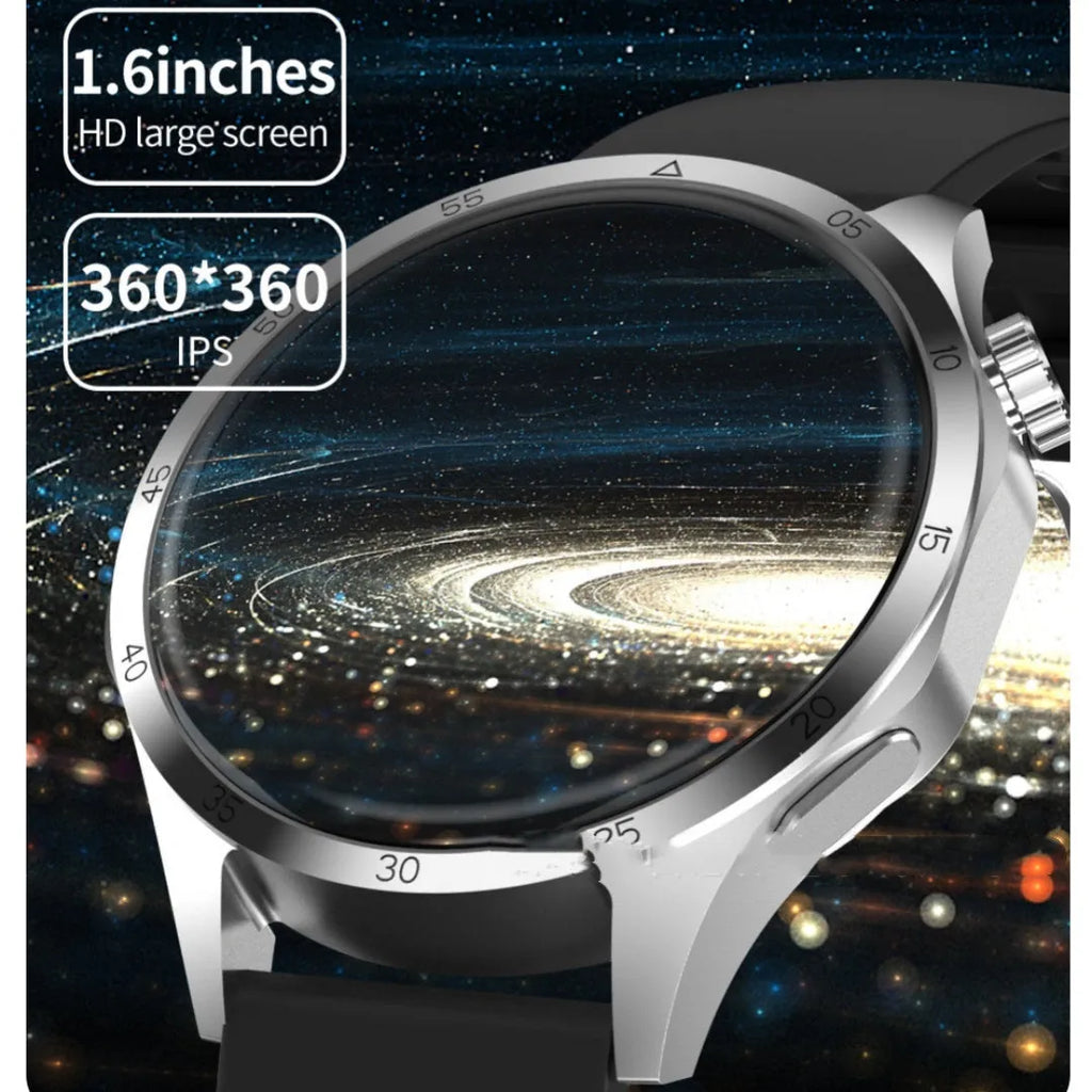 Black Bluetooth smartwatch with touch screen showing health stats, on silicone or Milan net strap.