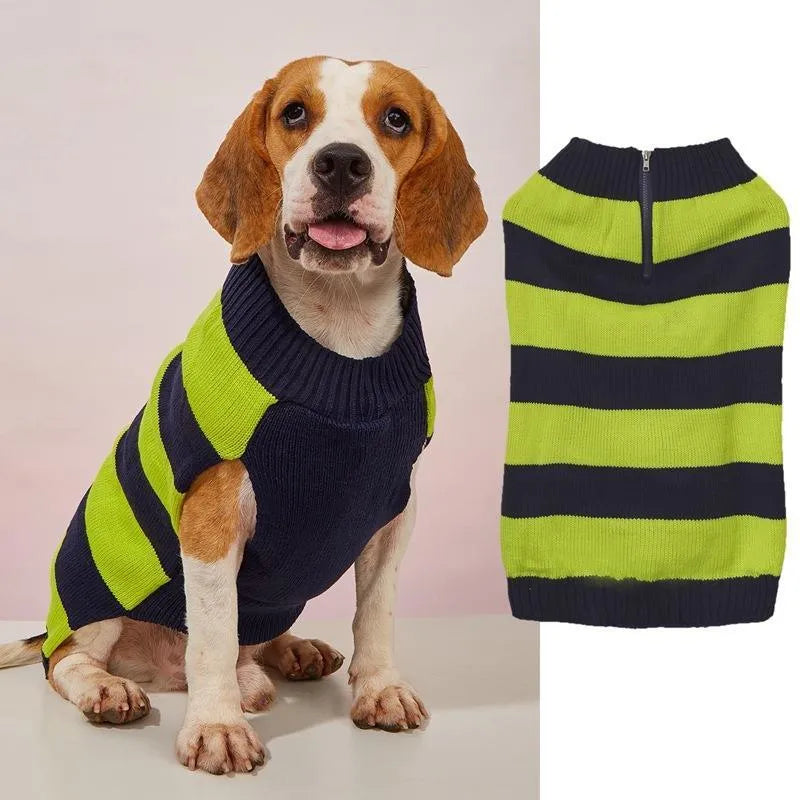 Blue dog sweater with horizontal zipper, side pocket, and contrast trim on a small dog.