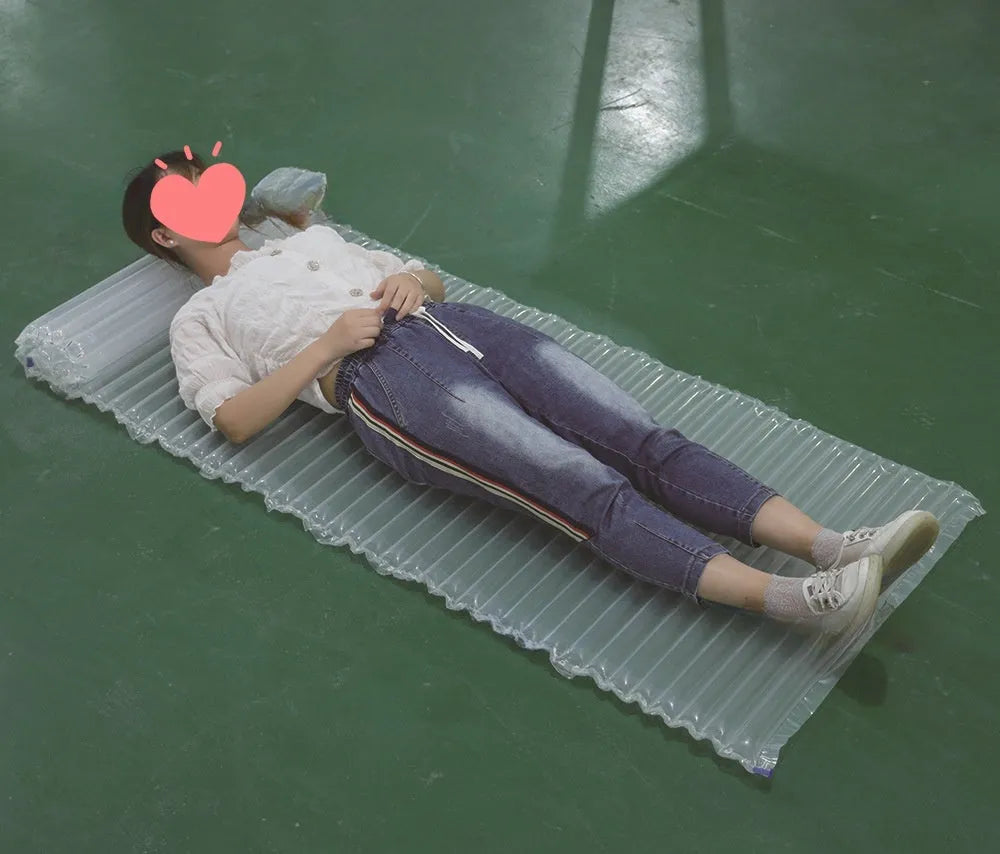 Transparent inflatable airbed for outdoor camping showing clear material and dimensions