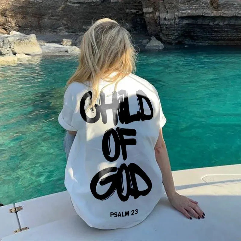 Child Of God print T-shirt in casual style, 100% polyester, round neck, short sleeves, summer top